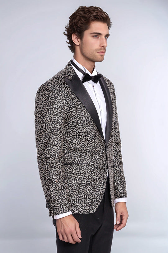 Men’s Obsidian Black & Silver Floral Embroidered Dinner Jacket – Slim Fit with Satin Peak Lapels