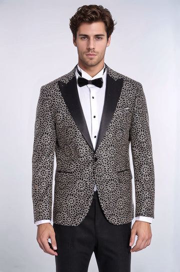 Men’s Obsidian Black & Silver Floral Embroidered Dinner Jacket – Slim Fit with Satin Peak Lapels