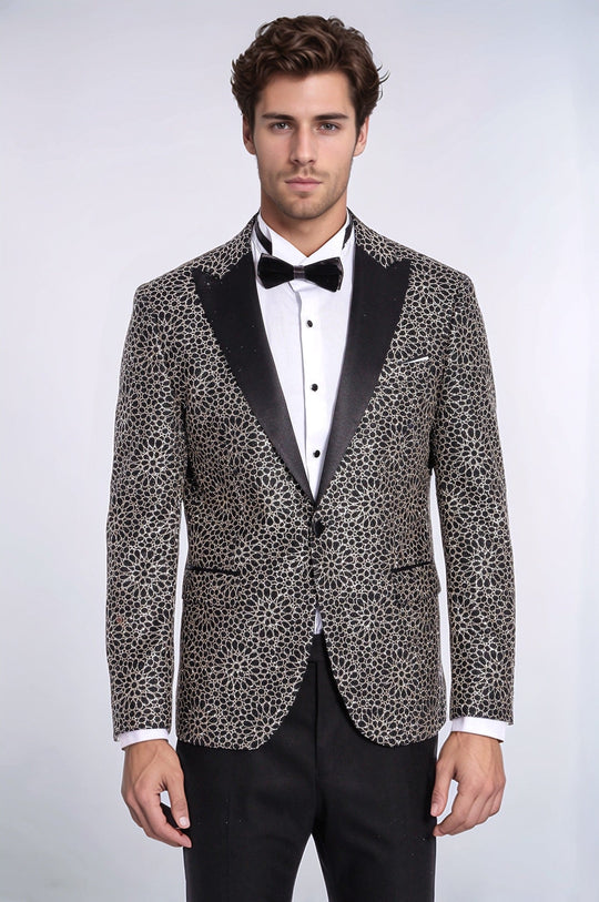 Men’s Obsidian Black & Silver Floral Embroidered Dinner Jacket – Slim Fit with Satin Peak Lapels