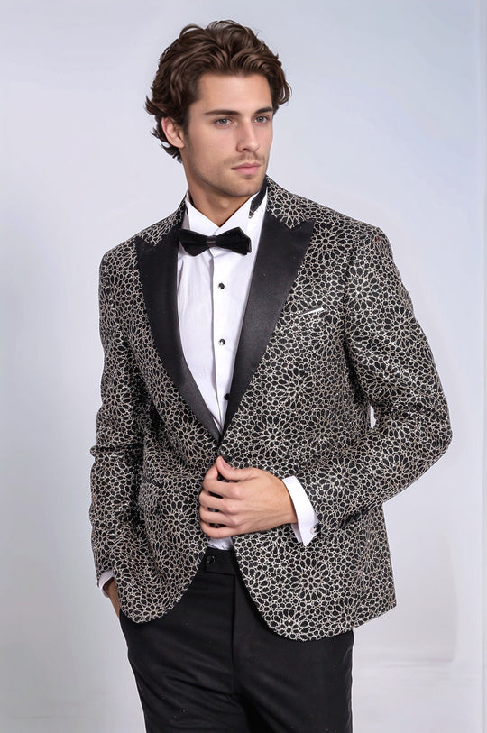 Men’s Obsidian Black & Silver Floral Embroidered Dinner Jacket – Slim Fit with Satin Peak Lapels