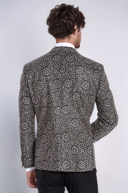 Men’s Obsidian Black & Silver Floral Embroidered Dinner Jacket – Slim Fit with Satin Peak Lapels