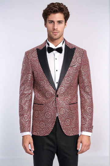 Men’s Burgundy Floral Embroidered Dinner Jacket – Slim Fit with Black Satin Peak Lapels