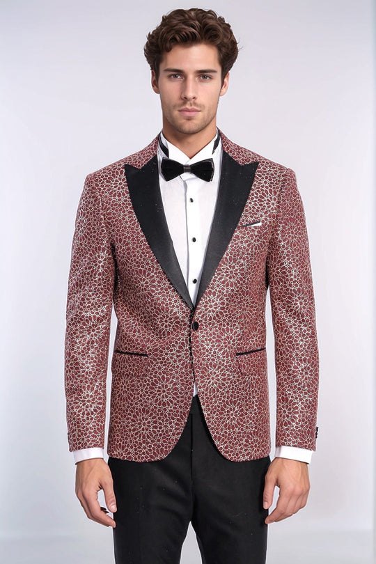 Men’s Burgundy Floral Embroidered Dinner Jacket – Slim Fit with Black Satin Peak Lapels