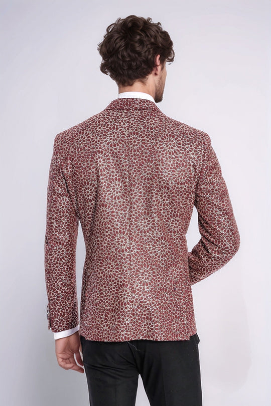Men’s Burgundy Floral Embroidered Dinner Jacket – Slim Fit with Black Satin Peak Lapels