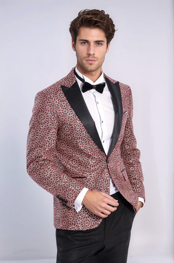 Men’s Burgundy Floral Embroidered Dinner Jacket – Slim Fit with Black Satin Peak Lapels