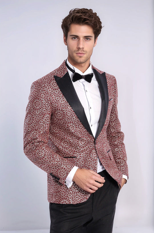 Men’s Burgundy Floral Embroidered Dinner Jacket – Slim Fit with Black Satin Peak Lapels