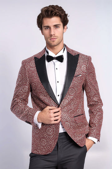 Men’s Burgundy Floral Embroidered Dinner Jacket – Slim Fit with Black Satin Peak Lapels
