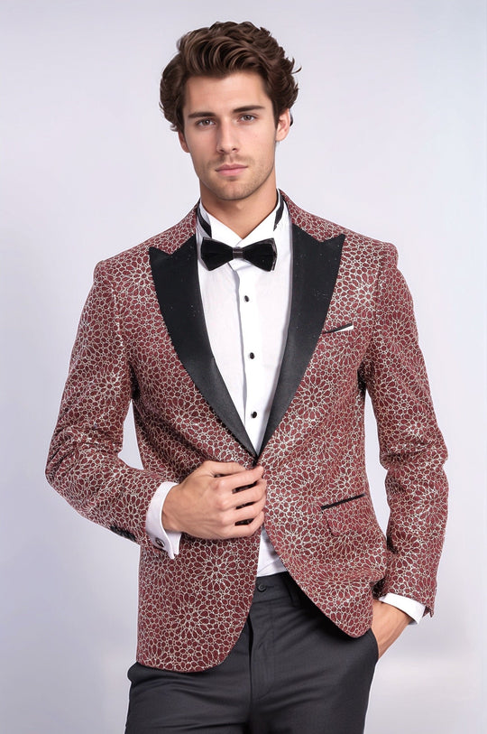 Men’s Burgundy Floral Embroidered Dinner Jacket – Slim Fit with Black Satin Peak Lapels