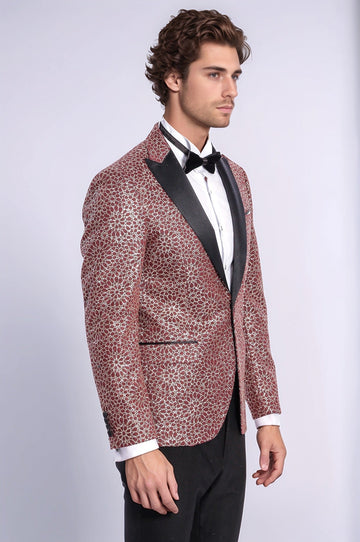 Men’s Burgundy Floral Embroidered Dinner Jacket – Slim Fit with Black Satin Peak Lapels