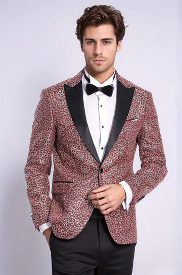 Men’s Burgundy Floral Embroidered Dinner Jacket – Slim Fit with Black Satin Peak Lapels