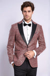 Men’s Burgundy Floral Embroidered Dinner Jacket – Slim Fit with Black Satin Peak Lapels