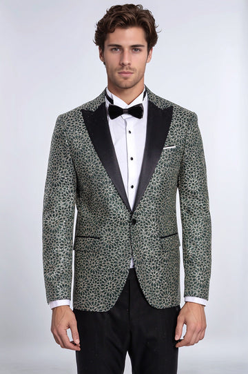 Men’s Emerald Green & Gold Floral Embroidered Dinner Jacket – Slim Fit with Satin Peak Lapels