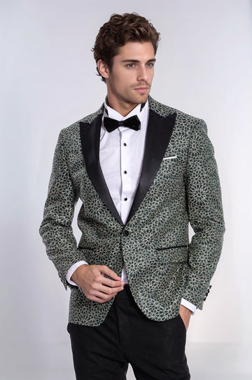 Men’s Emerald Green & Gold Floral Embroidered Dinner Jacket – Slim Fit with Satin Peak Lapels