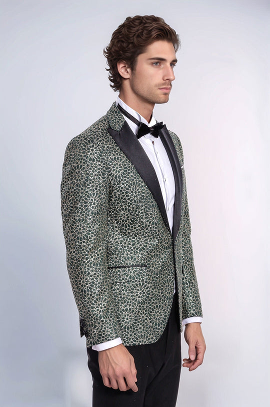 Men’s Emerald Green & Gold Floral Embroidered Dinner Jacket – Slim Fit with Satin Peak Lapels