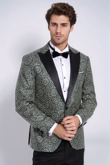 Men’s Emerald Green & Gold Floral Embroidered Dinner Jacket – Slim Fit with Satin Peak Lapels