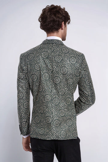 Men’s Emerald Green & Gold Floral Embroidered Dinner Jacket – Slim Fit with Satin Peak Lapels