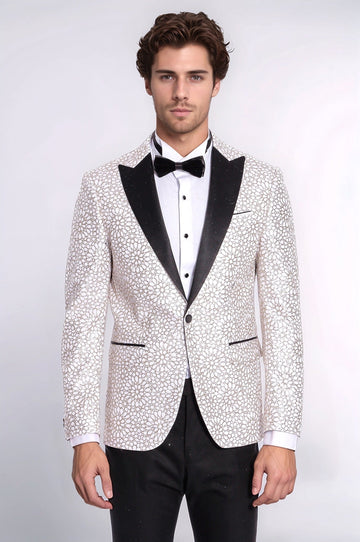 Men’s Arctic White Floral Embroidered Dinner Jacket – Slim Fit with Black Satin Peak Lapels