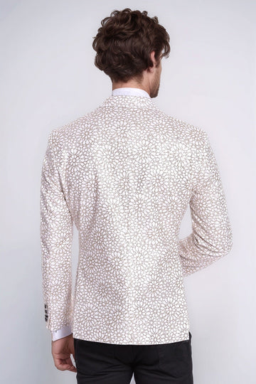 Men’s Arctic White Floral Embroidered Dinner Jacket – Slim Fit with Black Satin Peak Lapels