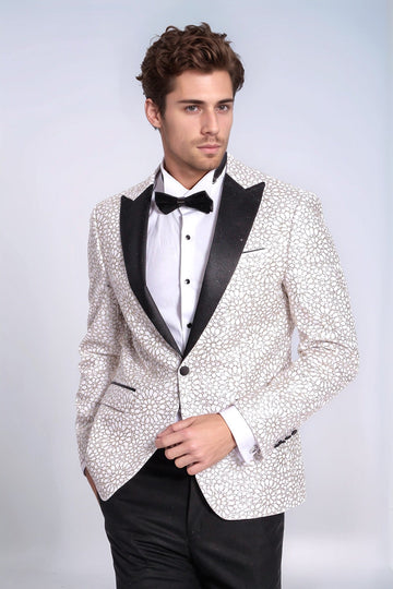 Men’s Arctic White Floral Embroidered Dinner Jacket – Slim Fit with Black Satin Peak Lapels