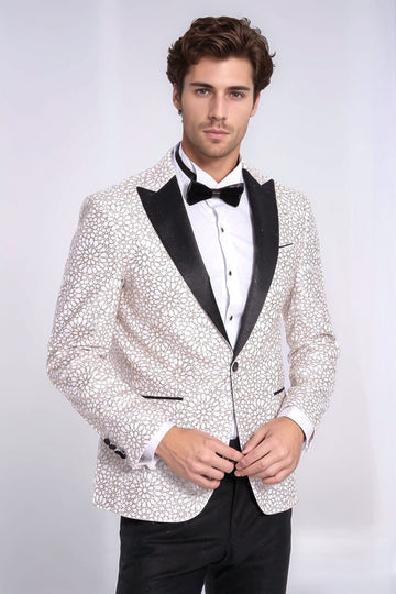 Men’s Arctic White Floral Embroidered Dinner Jacket – Slim Fit with Black Satin Peak Lapels
