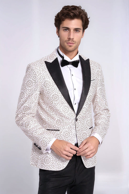 Men’s Arctic White Floral Embroidered Dinner Jacket – Slim Fit with Black Satin Peak Lapels