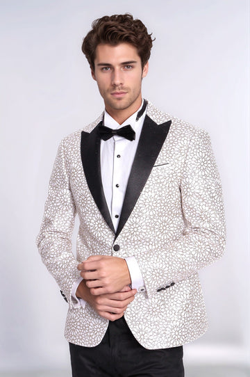 Men’s Arctic White Floral Embroidered Dinner Jacket – Slim Fit with Black Satin Peak Lapels