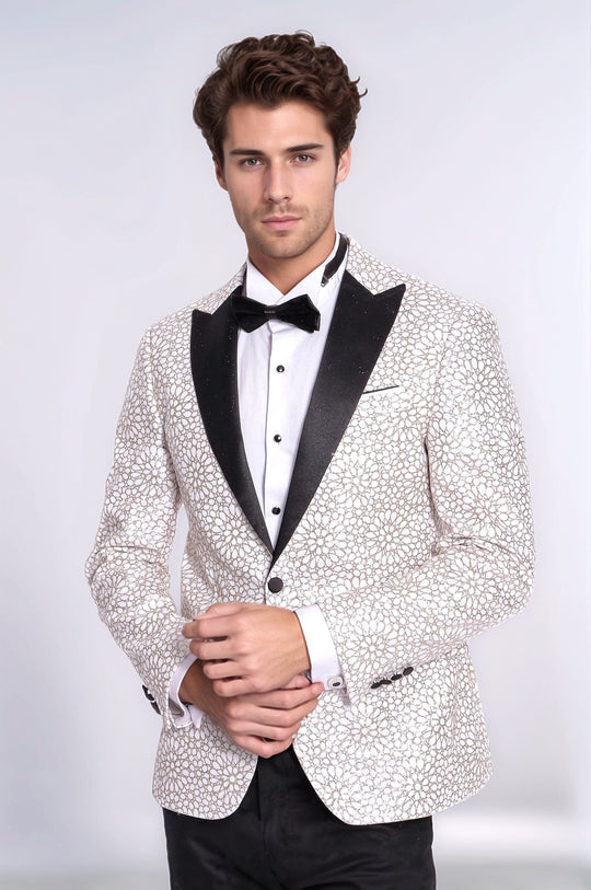 Men’s Arctic White Floral Embroidered Dinner Jacket – Slim Fit with Black Satin Peak Lapels