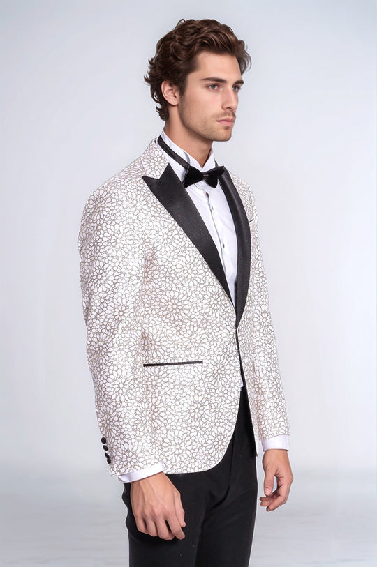 Men’s Arctic White Floral Embroidered Dinner Jacket – Slim Fit with Black Satin Peak Lapels