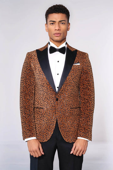 Men’s Golden Yellow Leopard Patterned Evening Blazer – Slim Fit with Black Satin Peak Lapels