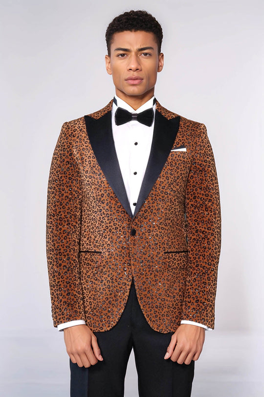 Men’s Golden Yellow Leopard Patterned Evening Blazer – Slim Fit with Black Satin Peak Lapels