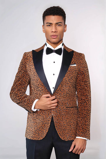 Men’s Golden Yellow Leopard Patterned Evening Blazer – Slim Fit with Black Satin Peak Lapels