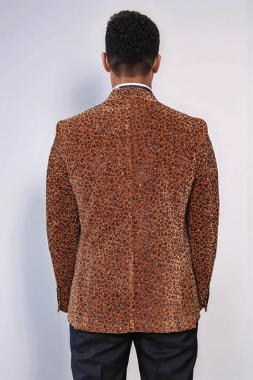 Men’s Golden Yellow Leopard Patterned Evening Blazer – Slim Fit with Black Satin Peak Lapels