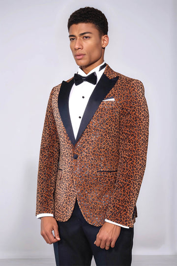 Men’s Golden Yellow Leopard Patterned Evening Blazer – Slim Fit with Black Satin Peak Lapels