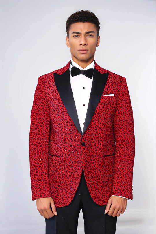 Men’s Radiant Crimson Leopard Patterned Evening Blazer – Slim Fit with Black Satin Peak Lapels