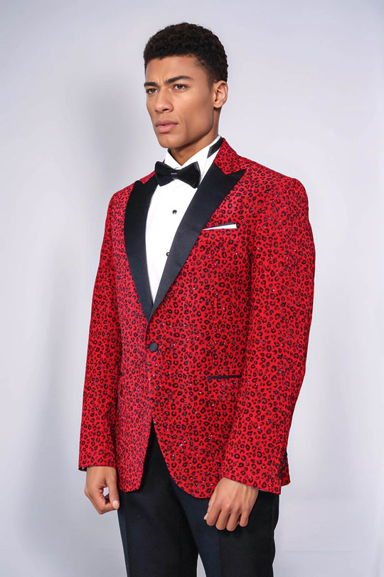 Men’s Radiant Crimson Leopard Patterned Evening Blazer – Slim Fit with Black Satin Peak Lapels