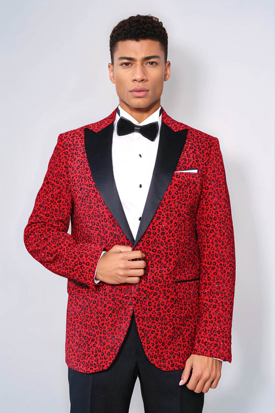 Men’s Radiant Crimson Leopard Patterned Evening Blazer – Slim Fit with Black Satin Peak Lapels