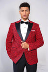 Men’s Radiant Crimson Leopard Patterned Evening Blazer – Slim Fit with Black Satin Peak Lapels