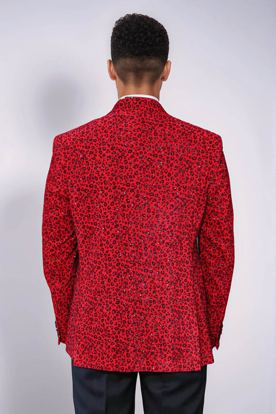Men’s Radiant Crimson Leopard Patterned Evening Blazer – Slim Fit with Black Satin Peak Lapels