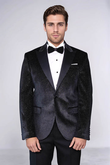 Men’s Midnight Black Sparkling Dotted Dinner Jacket – Slim Fit with Satin Peak Lapels