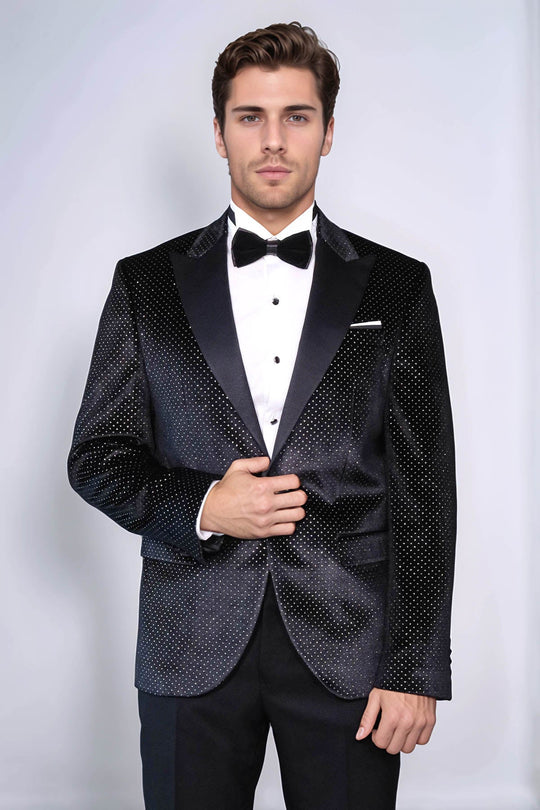 Men’s Midnight Black Sparkling Dotted Dinner Jacket – Slim Fit with Satin Peak Lapels