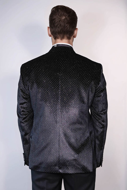 Men’s Midnight Black Sparkling Dotted Dinner Jacket – Slim Fit with Satin Peak Lapels