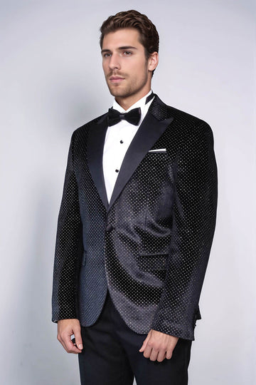 Men’s Midnight Black Sparkling Dotted Dinner Jacket – Slim Fit with Satin Peak Lapels