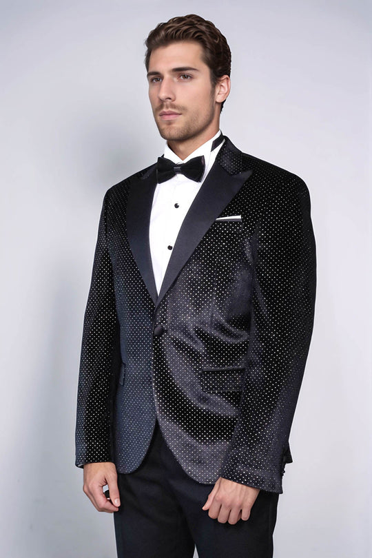 Men’s Midnight Black Sparkling Dotted Dinner Jacket – Slim Fit with Satin Peak Lapels