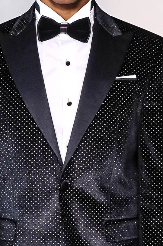 Men’s Midnight Black Sparkling Dotted Dinner Jacket – Slim Fit with Satin Peak Lapels