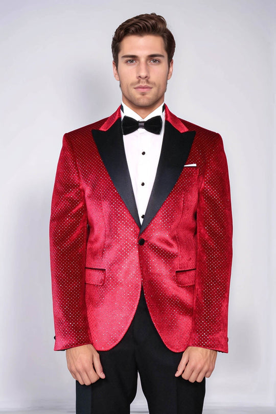 Men’s Radiant Crimson Sparkling Dotted Dinner Jacket – Slim Fit with Black Satin Peak Lapels
