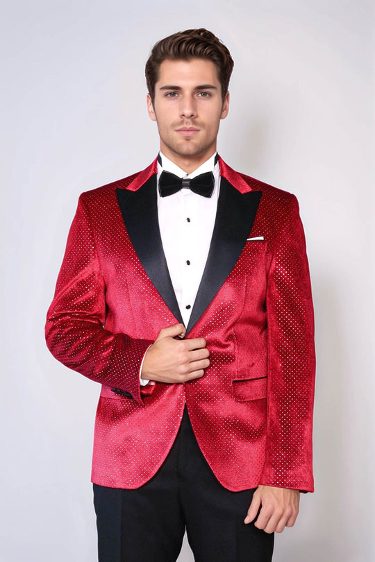 Men’s Radiant Crimson Sparkling Dotted Dinner Jacket – Slim Fit with Black Satin Peak Lapels