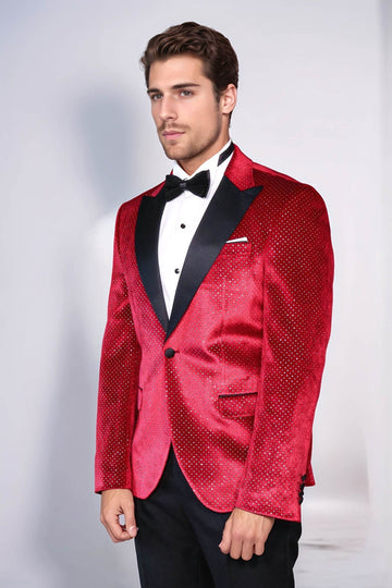 Men’s Radiant Crimson Sparkling Dotted Dinner Jacket – Slim Fit with Black Satin Peak Lapels