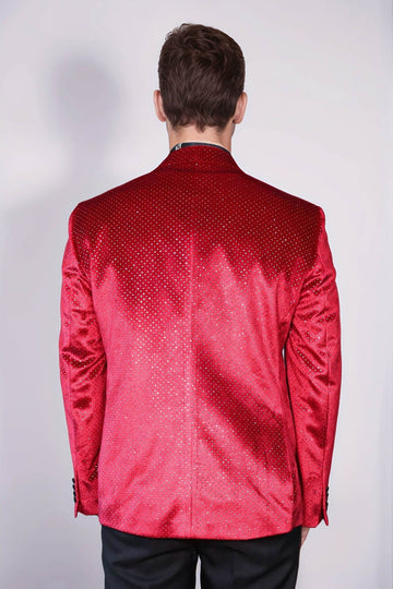 Men’s Radiant Crimson Sparkling Dotted Dinner Jacket – Slim Fit with Black Satin Peak Lapels
