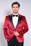 Men’s Radiant Crimson Sparkling Dotted Dinner Jacket – Slim Fit with Black Satin Peak Lapels