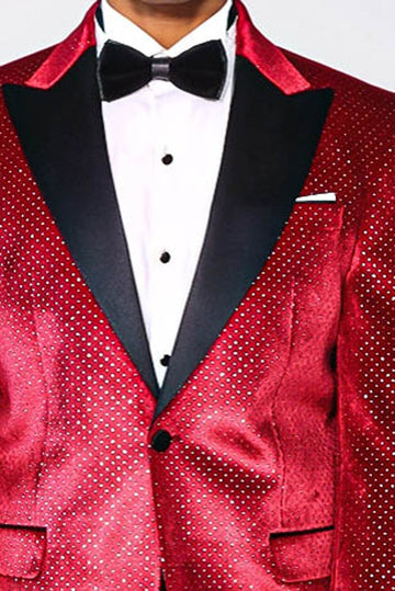 Men’s Radiant Crimson Sparkling Dotted Dinner Jacket – Slim Fit with Black Satin Peak Lapels